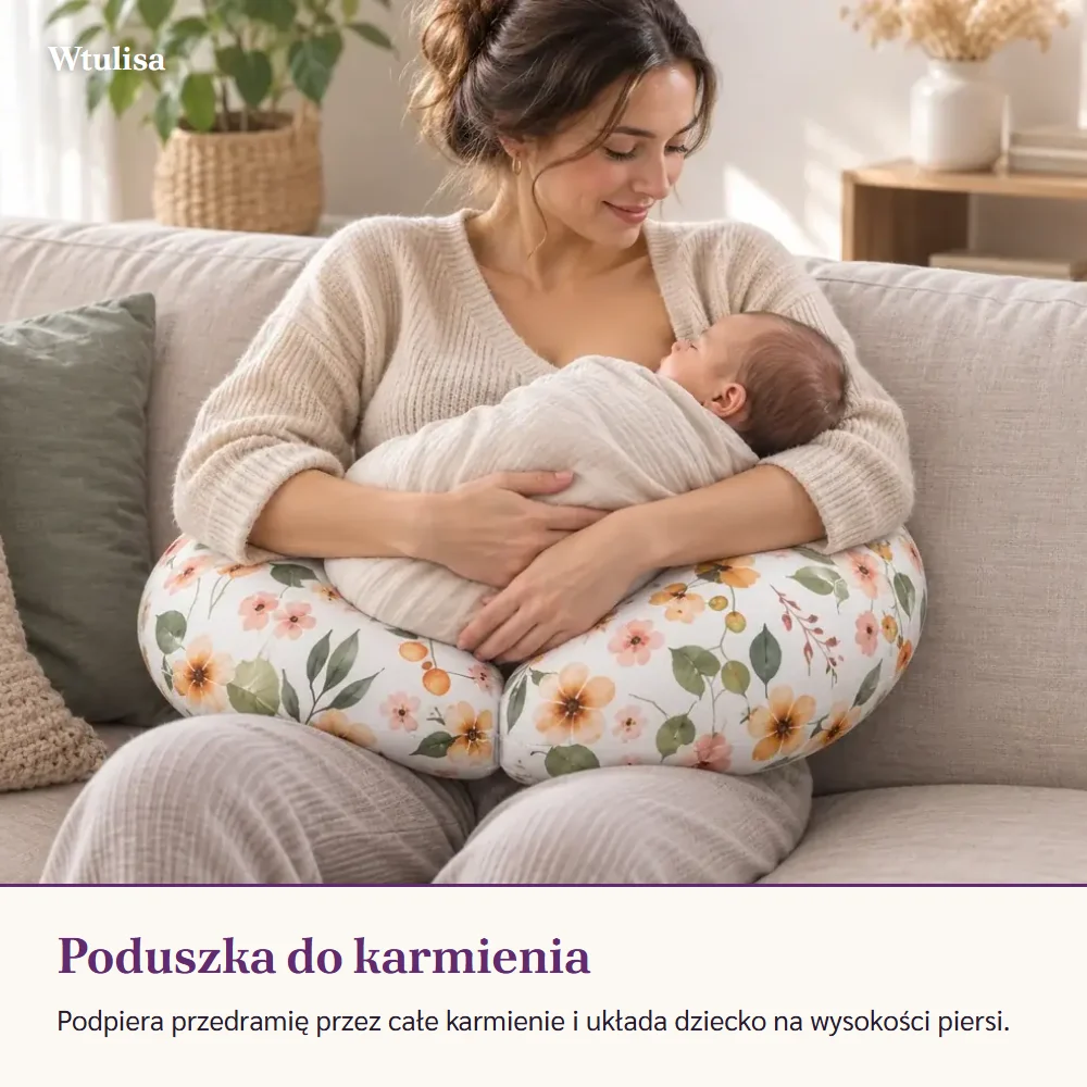 Kobieta siedząca na kanapie z niemowlęciem ułożonym na poduszce do karmienia